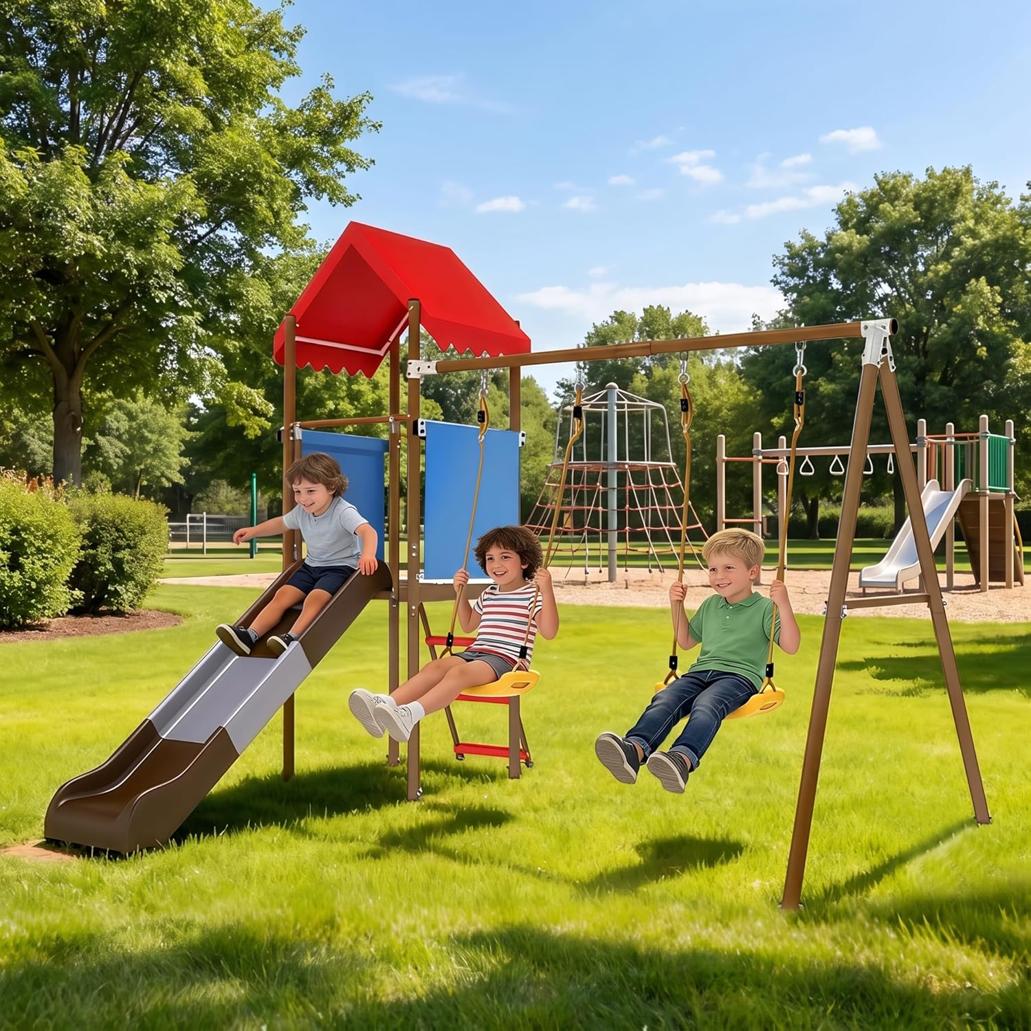 Metal Swing Set for Kids with  - Kids Outdoor Slide Set 评论和价格