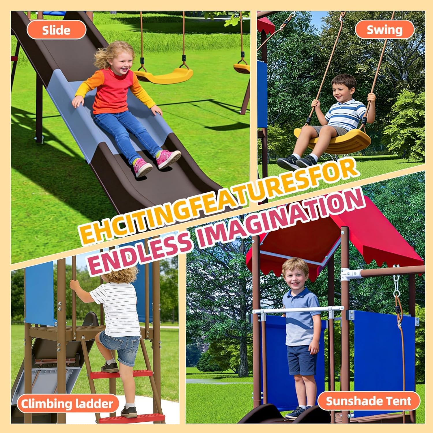 Metal Swing Set for Kids with  - Kids Outdoor Slide Set 评论和价格